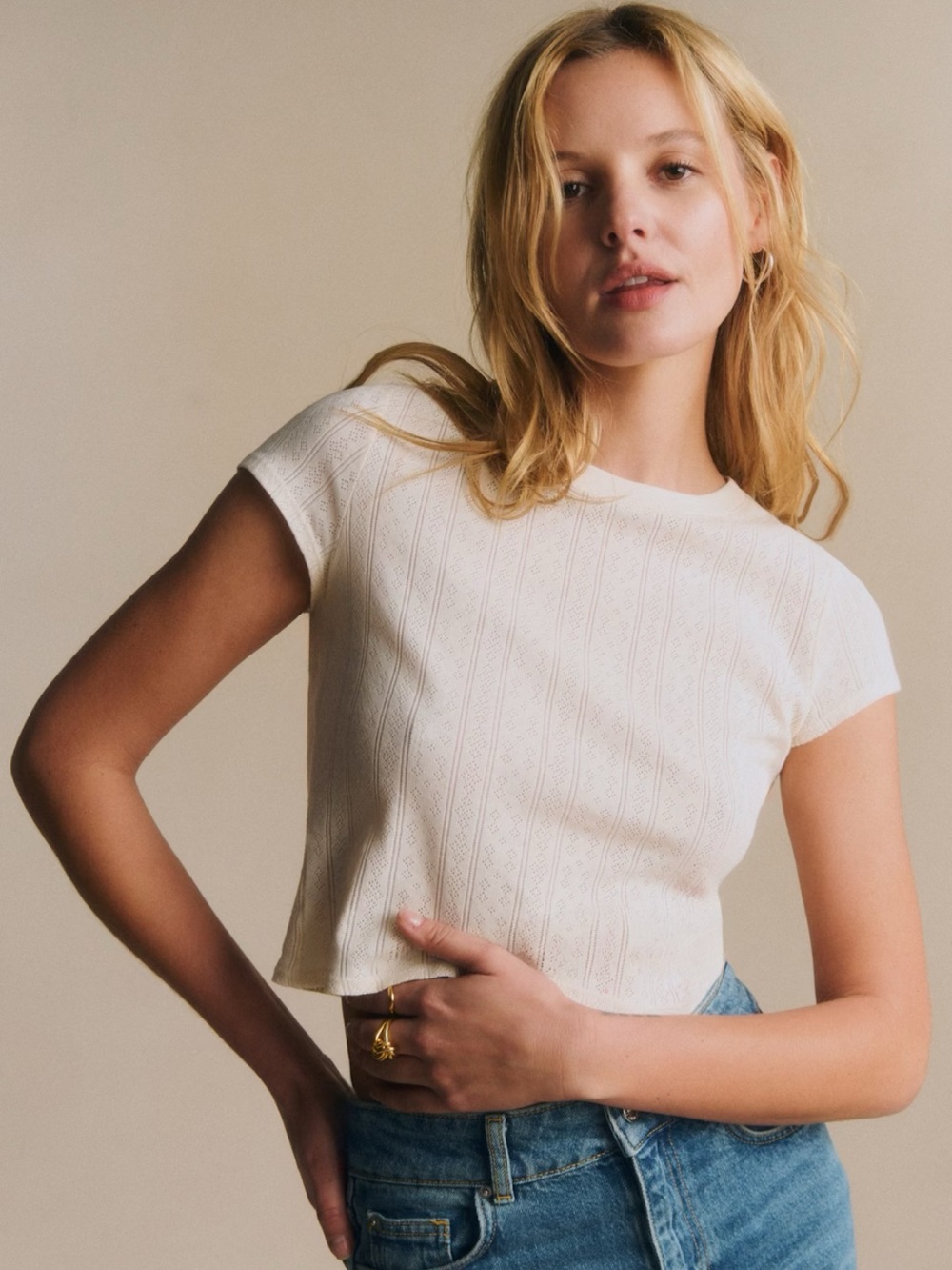 Sezane Pointelle Cream Short Sleeve Knit Tee size small